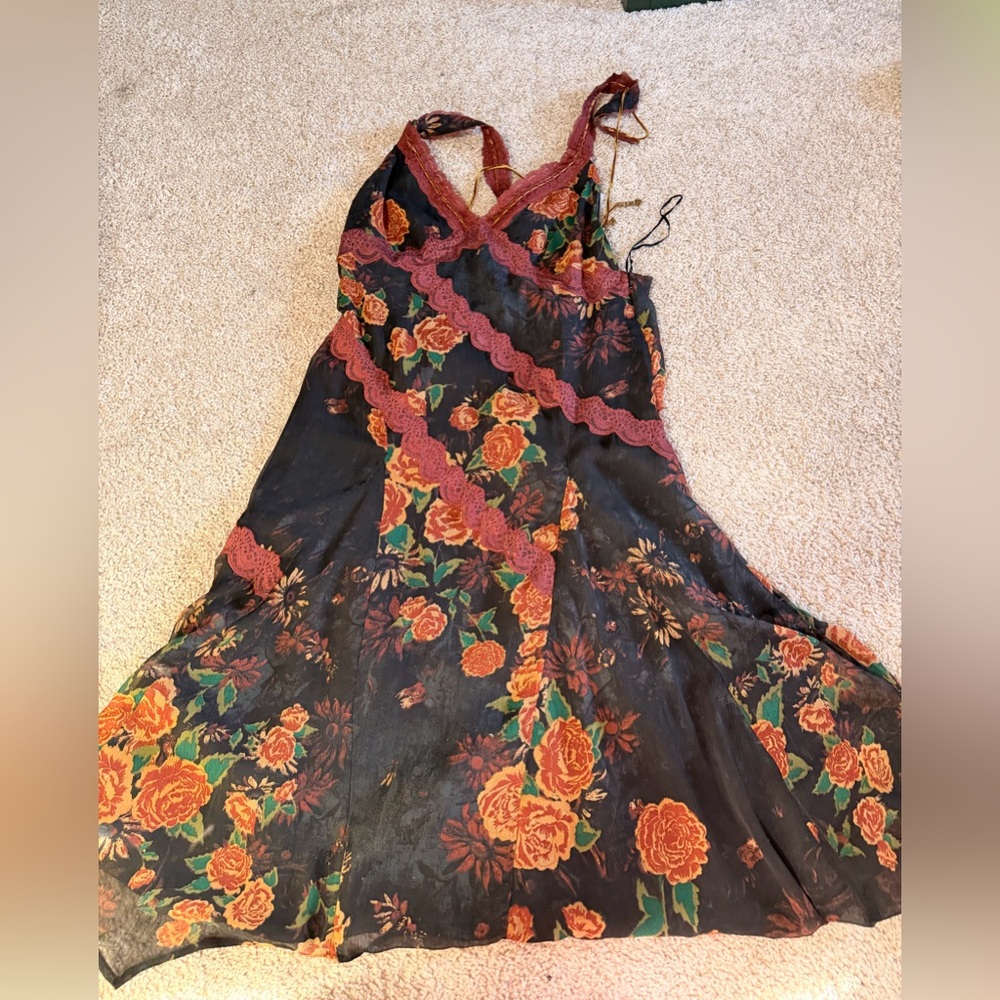 Free people BNWT Lace-Trim Slip Dress - Black with Orange Roses